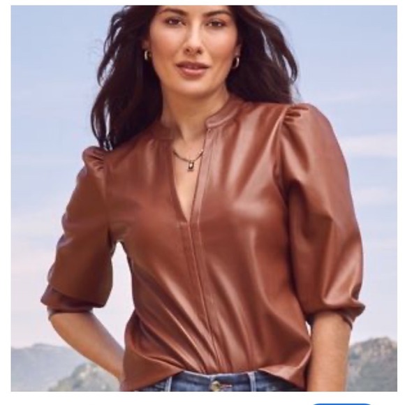 SOLD. Evereve Ryann Americana Faux Vegan Leather Cowgirl Western V Neck Top - Picture 1 of 6